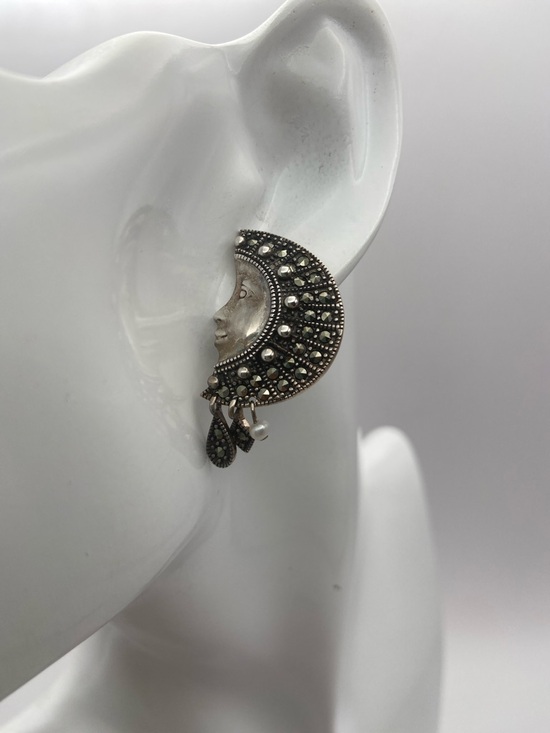 Vintage Suspicion Marcasite Sterling Silver Moon Goddess Earrings Pierced - Picture 8 of 9